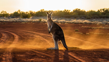 A solitary kangaroo stands tall silhouetted against the warm glow of a sunset.