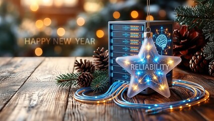Glowing server rack as holiday ornament with AI brain symbol and reliability star. New year celebration blending digital technology and christmas traditions. Modern connectivity, 5g networks, and