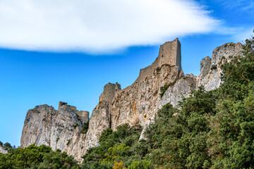 The Cathar medieval castle of Peyrepertuse in the Aude department, southern France situated in the French Pyrenees