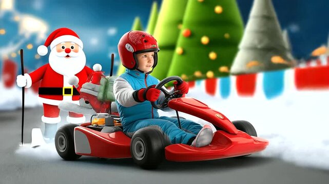 Young person preparing for winter karting adventure, Christmas motorsport excitement, holiday team challenge, seasonal outdoor activity, festive competitive spirit, snow-covered tr