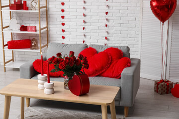 Interior of festive living room with different decorations for Valentine's Day celebration