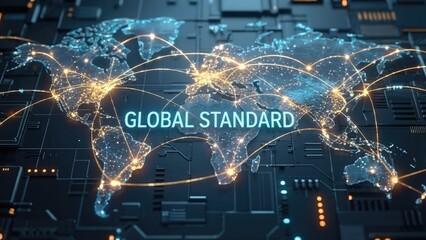 World map formed from circuit board with glowing network connections. City lights linked by data lines across globe. Global standard for modern 5G communication and fast access networks concept.