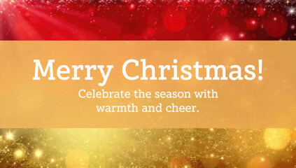 Naklejka premium A festive image wishing 'Merry Christmas!' and encouraging celebration with warmth and cheer, featuring sparkling red and gold backgrounds.