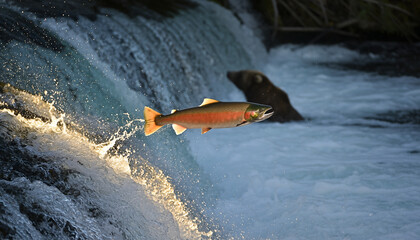 A vibrant sockeye salmon leaps powerfully out of the water.
