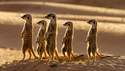 A vigilant family of meerkats standing together on sandy ground.