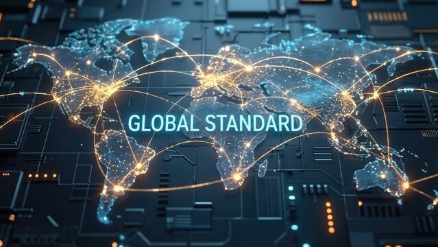 World map formed from circuit board with glowing network connections. City lights linked by data lines across globe. Global standard for modern 5G communication and fast access networks concept.