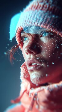 Retrato de una mujer con nieve en el rostro, capturando la belleza cruda del invierno.