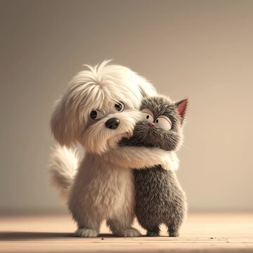 Un adorable cachorro y un gato se abrazan en un gesto de amistad.