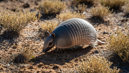 A wild ninebanded armadillo foraging in its natural arid habitat.