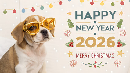 a proud puppy celebrates the beginning of new year 2026 with golden and shiny gold glasses. happy new year 2026 and merry christmas postcard funny greeting card.