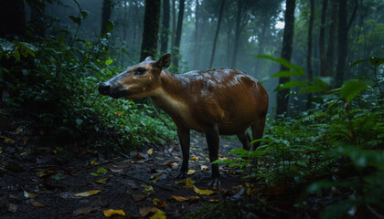 A wild red muntjac deer standing alert in its natural habitat.