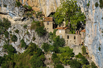 The hermitage of Saint-Antoine de Galamus, located within the gorges of Galamus, Aude, Eastern Pyrenees in France