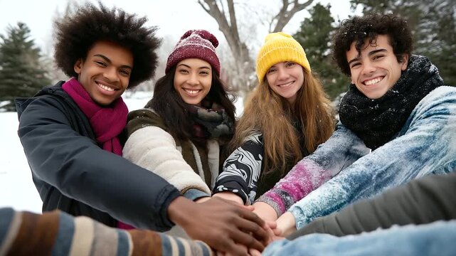 Multi-ethnic young people stacking hands outdoors in snow, winter friendship concept, Christmas unity celebration, holiday diversity support, seasonal teamwork spirit, with copy sp