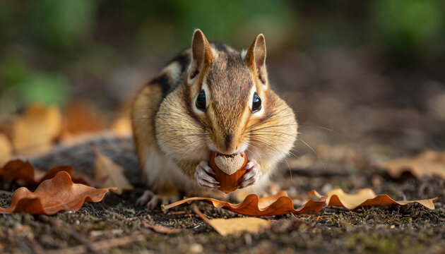 Adorable eastern chipmunk with stuffed cheeks eating a leaf.
