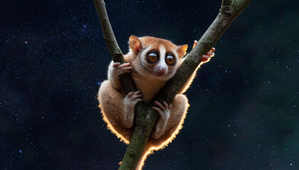 Adorable slow loris with big eyes clinging to a tree branch at night.