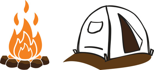 Vector illustration of a camp tent and fire. Camping Vector with Tent and Campfire. Outdoor Nature Activity Flat Design Illustration.