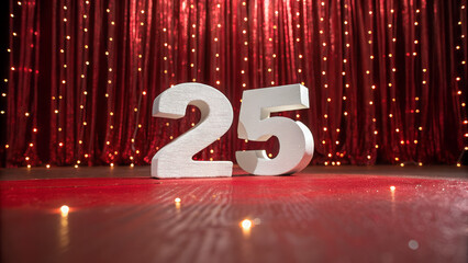 High contrast image featuring a white textured number 25 set against a shimmering red backdrop. ideal for conveying concepts of celebration, anniversaries, and significant milestones.
