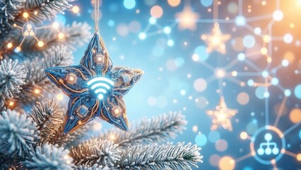 Futuristic Christmas star ornament with circuit patterns and WiFi symbols hanging on evergreen tree. Holiday decoration integrating digital technology and networks. Modern connectivity concept for