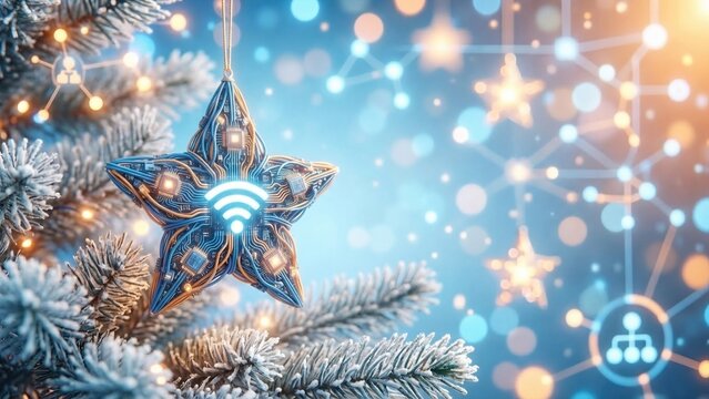 Futuristic Christmas star ornament with circuit patterns and WiFi symbols hanging on evergreen tree. Holiday decoration integrating digital technology and networks. Modern connectivity concept for
