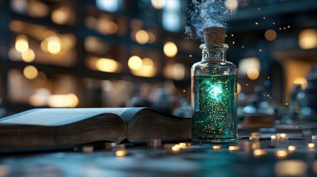 A glass potion bottle with a glowing green liquid and smoke, next to an open book, in a dimly lit library setting.