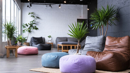 Relaxing waiting room interior featuring stylish bean bags, soft poufs, and green plants, creating a comfortable, inviting ambiance