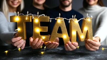 Faceless people arranging letters spelling TEAM with Christmas lights, winter teamwork concept, holiday collaboration design, seasonal corporate message, festive unity display, wit