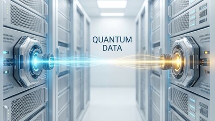 Quantum data beams linking servers in futuristic data center. Advanced computing network connection with glowing light streams. Innovative technology for high-speed information transfer and modern