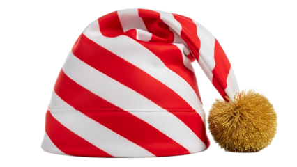 A festive red and white striped sleeping cap with a golden pom pom on a transparent background isolated