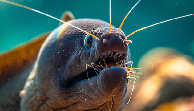 Close up of a predatory catfish with an open mouth showing sharp teeth.