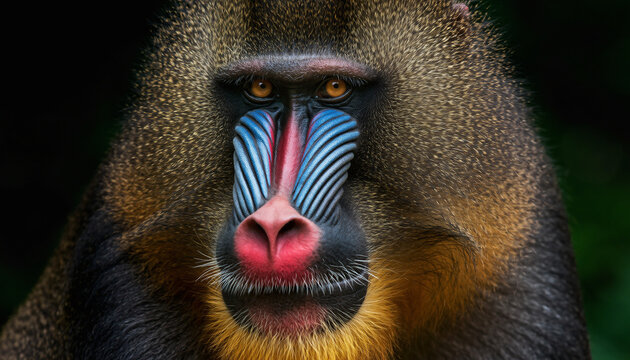 Closeup portrait of a male mandrill with vibrant facial colors.