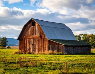 Obraz premium Rustic wooden barn sits in a sunlit grassy field, under a bright blue sky with white puffy clouds