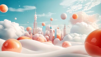 A whimsical cityscape floats amidst clouds and spheres, creating a surreal and dreamy atmosphere.
