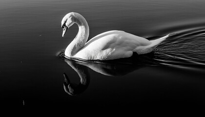 Elegant white swan gracefully swimming on a dark reflective water surface.