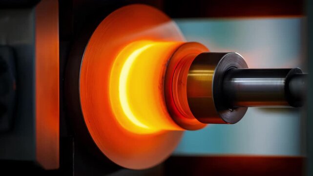 Medium shot of a glowing induction heat treating furnace intensifying metal strength with precise electromagnetic heating in a modern industrial setting.