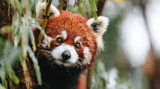 Bright eyed red panda staring directly, its distinctive face and fur framed by green leaves, representing wildlife conservation