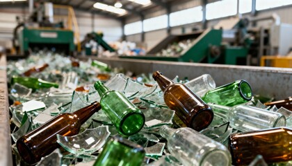Close-up of mixed glass waste at recycling facility with crisp textures and colors.