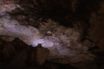 Large underground chamber filled with dense stalactites and rock formations, illuminated by soft artificial light inside a deep limestone cave