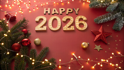 Happy new year 2026. Top view of golden numbers of 2026 with the text Happy 2026 and Christmas decorations and Christmas lights over red background. New Years Eve celebration concept background