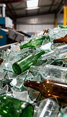 Close-up of mixed glass waste at recycling facility with crisp textures and colors.