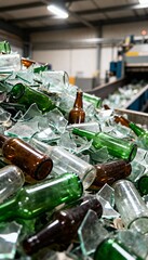 Close-up of mixed glass waste at recycling facility with crisp textures and colors.