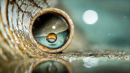 A macro photograph of a water droplet inside a wooden tube, reflecting a blurred background with a soft, moody aesthetic.