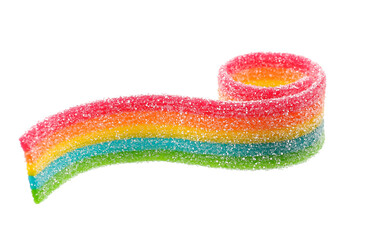 Set of rainbow sour jelly candies strips in sugar sprinkle on white background.