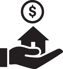 House and dollar coin on a hand simple line art vector icon for real estate or investment concept isolated on white background
