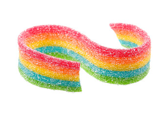 Set of rainbow sour jelly candies strips in sugar sprinkle on white background.