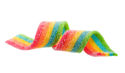 Set of rainbow sour jelly candies strips in sugar sprinkle on white background.