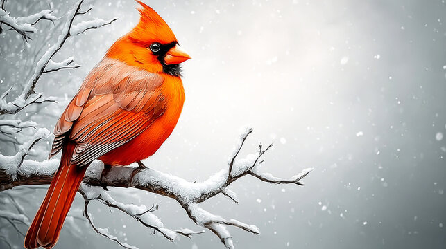 Red Northern Cardinal bird perching on a snow covered branch during gentle snowfall, vibrant winter wildlife scene - Powered by Adobe
