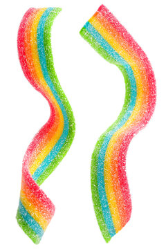 Set of rainbow sour jelly candies strips in sugar sprinkle on white background.