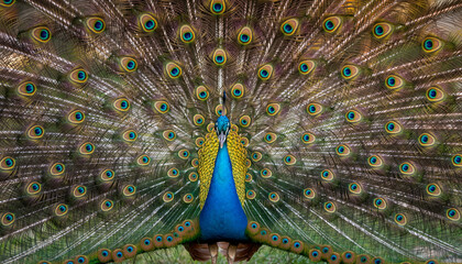 Majestic male peacock displaying its vibrant fanned tail feathers.