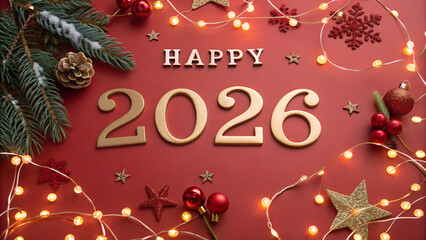 Happy new year 2026. Top view of golden numbers of 2026 with the text Happy 2026 and Christmas decorations and Christmas lights over red background. New Years Eve celebration concept background