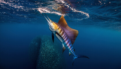 Majestic striped sailfish with a large dorsal fin swimming in blue ocean water.